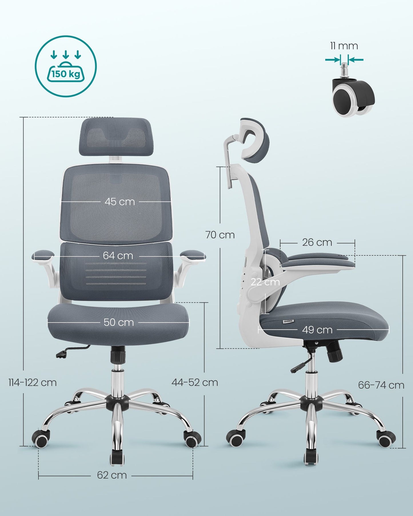 Silla Escritorio, Silla Ergonomica, Silla Oficina, Respaldo Alto, Reposabrazos Abatibles, Soporte Lumbar, Gris, Songmics, 9