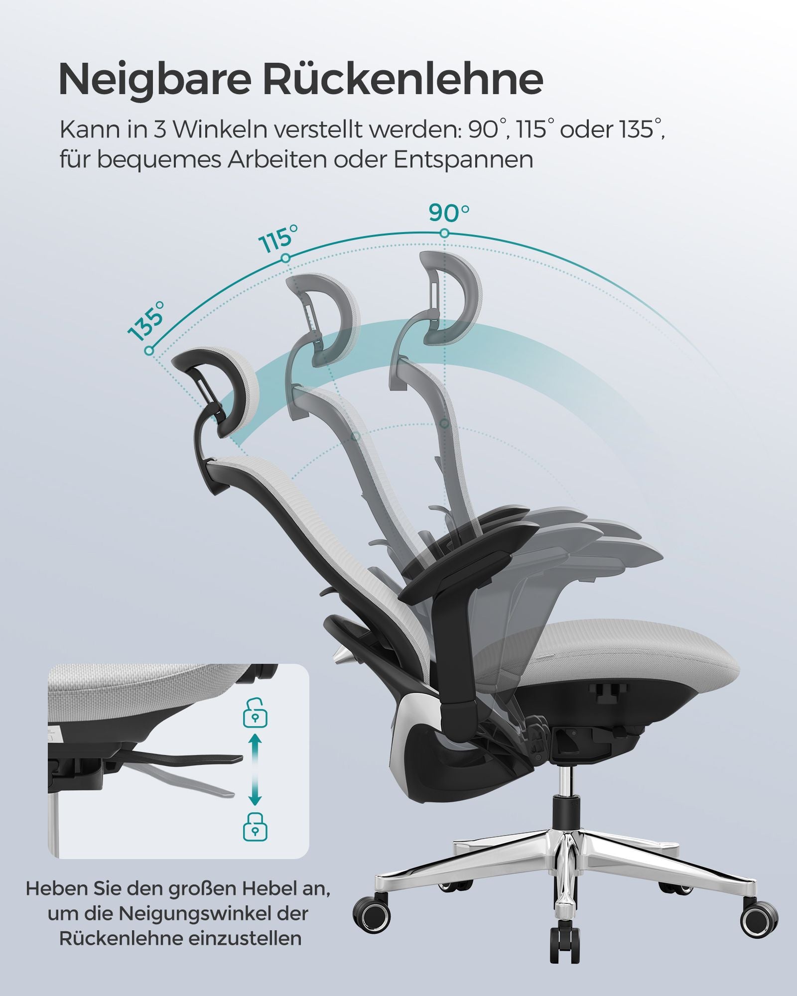 Silla Escritorio, Silla Ordenador, Silla Ergonomica, Ajustable, Respaldo inclinable, Soporta hasta 150 kg, Gris, Songmics, 7