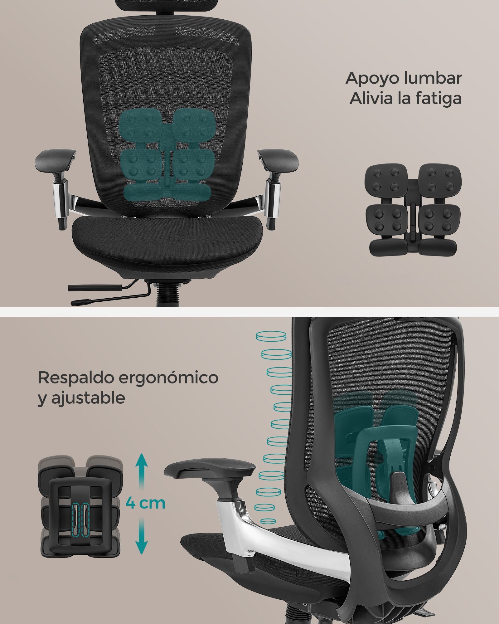 Silla Oficina, Silla Escritorio, Silla Ordenador, Silla Gamer, Respaldo Basculante, Carga de 150 kg, Negro, SONGMICS, 3