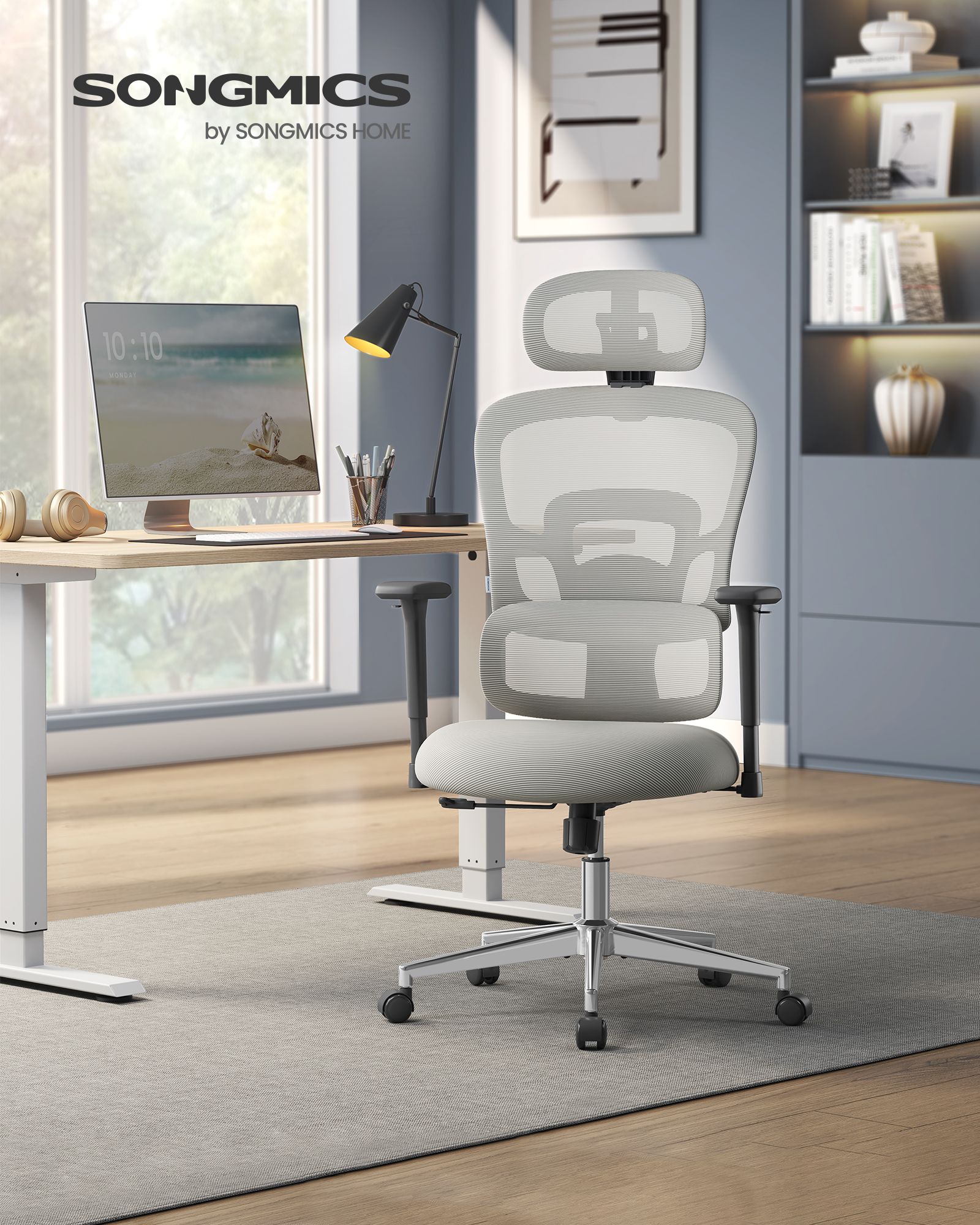 Silla Ergonomica, Silla Oficina, Silla Escritorio, con Respaldo Alto, Ajustable en Altura, Gris, Songmics, 3