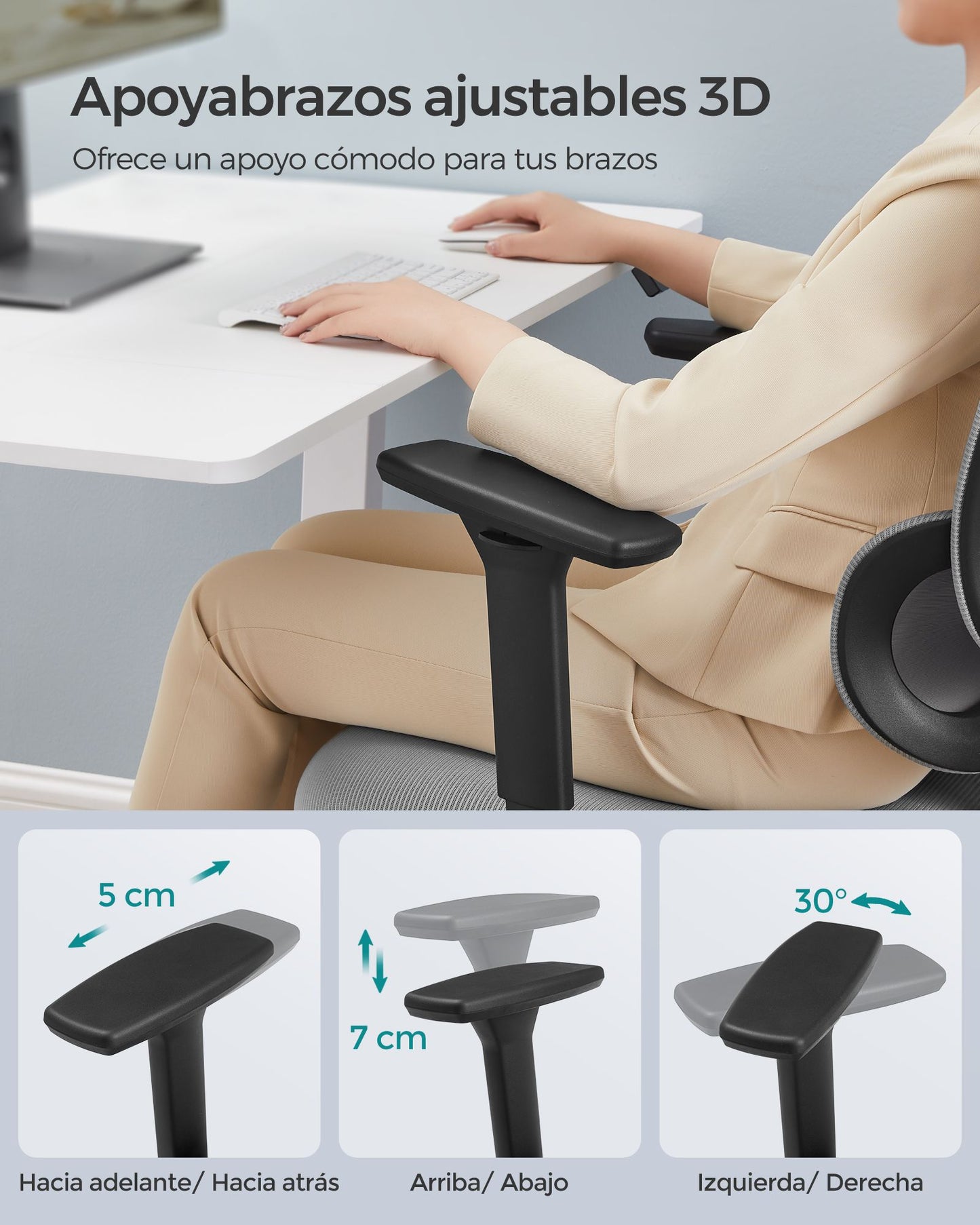 Silla Ergonomica, Silla Oficina, Silla Escritorio, con Respaldo Alto, Ajustable en Altura, Gris, Songmics, 8