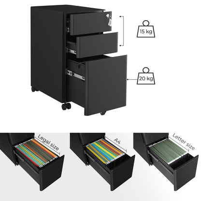 Archivadores de Oficina, Cajonera Escritorio, con Ruedas y Cerradura, Premontado, para A4, Documentos, Negro, Songmics, 9