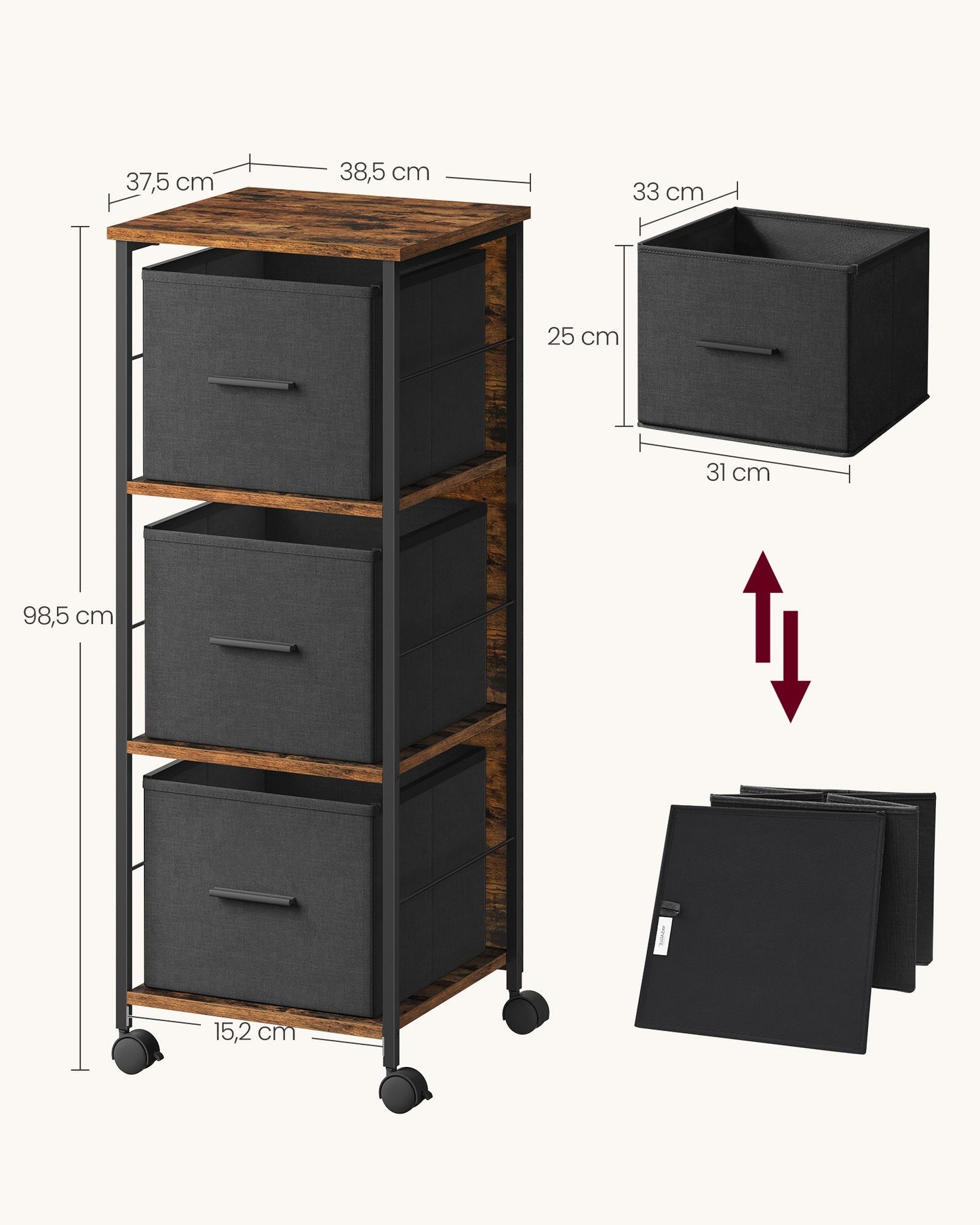 Archivadores de Oficina, 3 cajones, Cajonera Escritorio, soporte para impresora, Maron Negro, Vasagle, 7