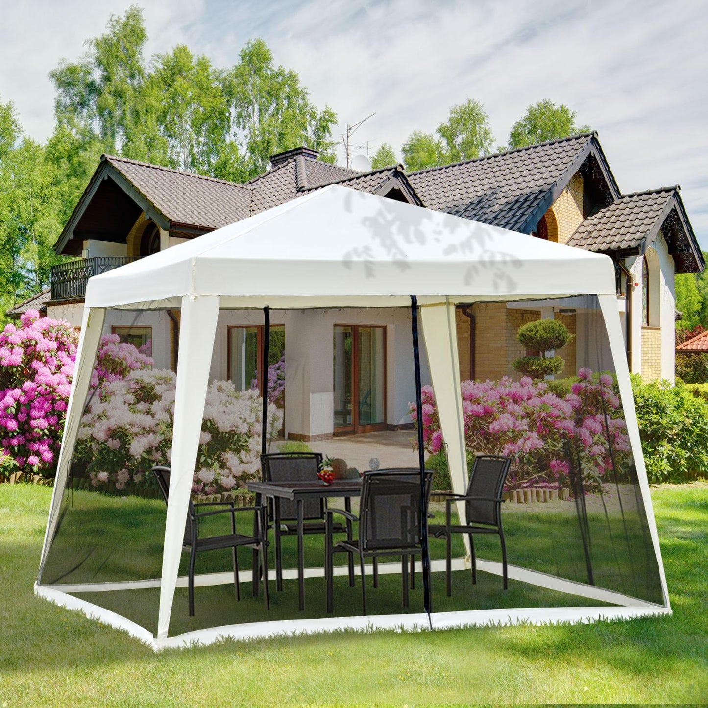 Carpa plegable 3x3, Carpa Jardin, Cenador Plegable, con 4 Partes Laterales Mosquitera con Cremallera Protección UV, Outsunny