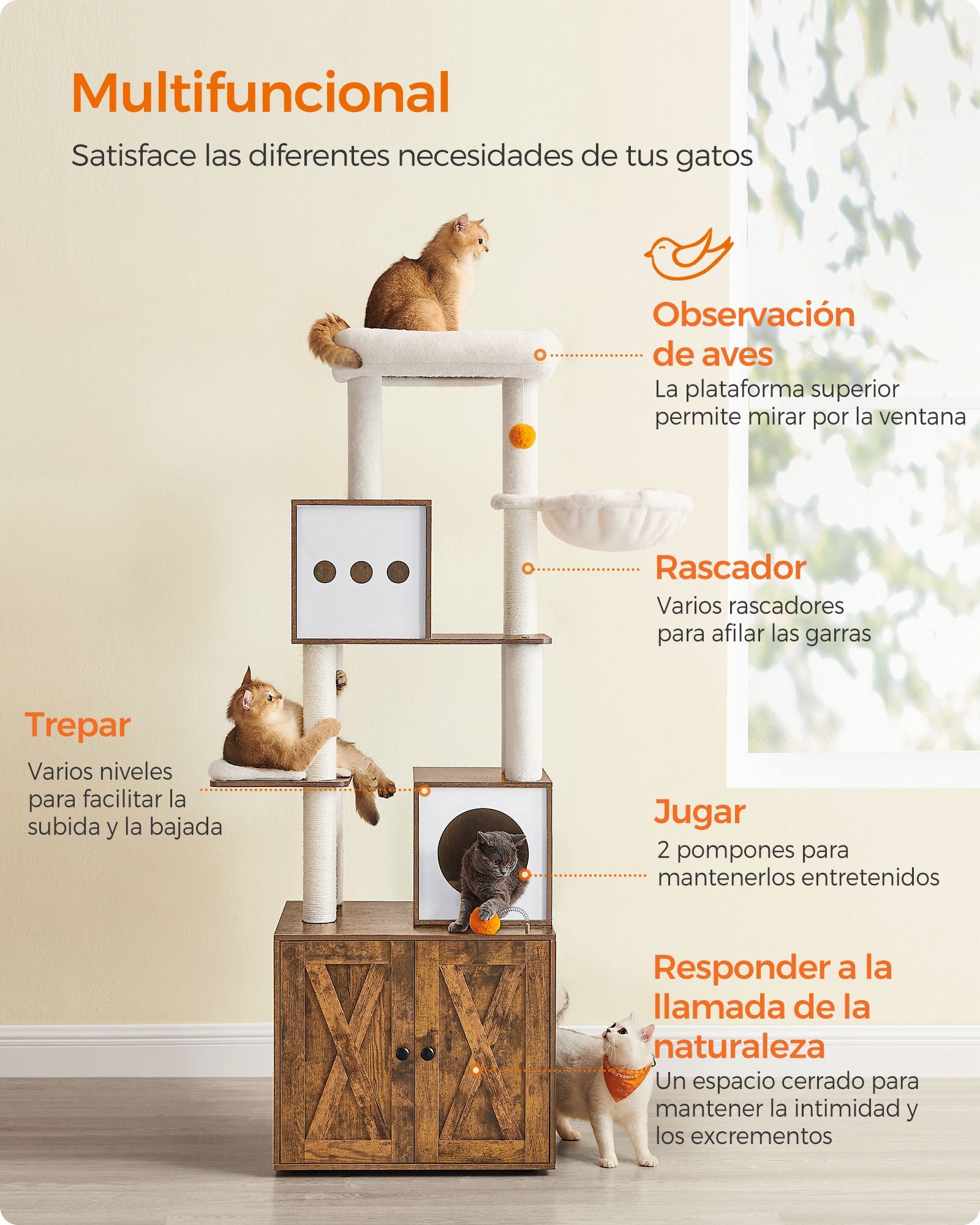 Arbol para Gatos, Rascador Gato, con Arenero, Arbol Rascador para Gatos, 185 cm, con Plataforma, Marrón Rústico, Feandrea, 5