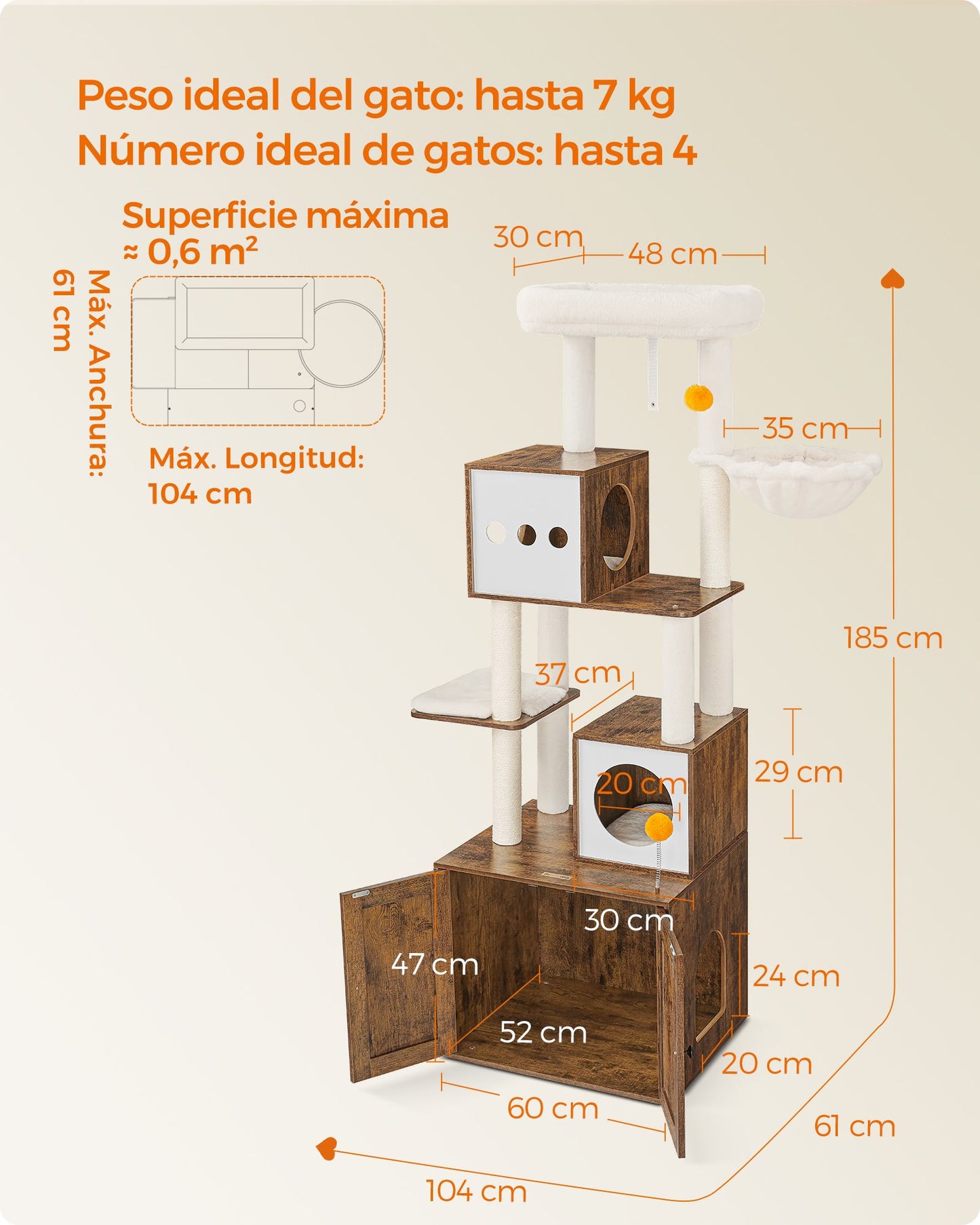 Arbol para Gatos, Rascador Gato, con Arenero, Arbol Rascador para Gatos, 185 cm, con Plataforma, Marrón Rústico, Feandrea, 6