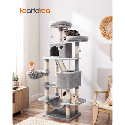 Arbol Rascador para Gatos, Rascador Gato, Árbol para gatos, 168 cm de Altura con 13 Poste, 2 Plataformas, Gris, Feandrea, 9