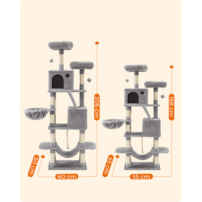 Arbol Rascador para Gatos, Rascador Gato, Árbol para gatos, 168 cm de Altura con 13 Poste, 2 Plataformas, Gris, Feandrea, 5