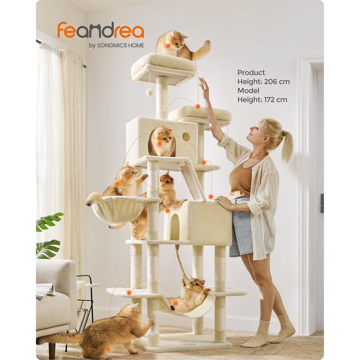 Arbol Rascador para Gatos, XXL, Rascador Gato, Arbol para Gatos, 206 cm de Altura con 13 Poste, 2 Plataformas, Beige, Feandrea, 6