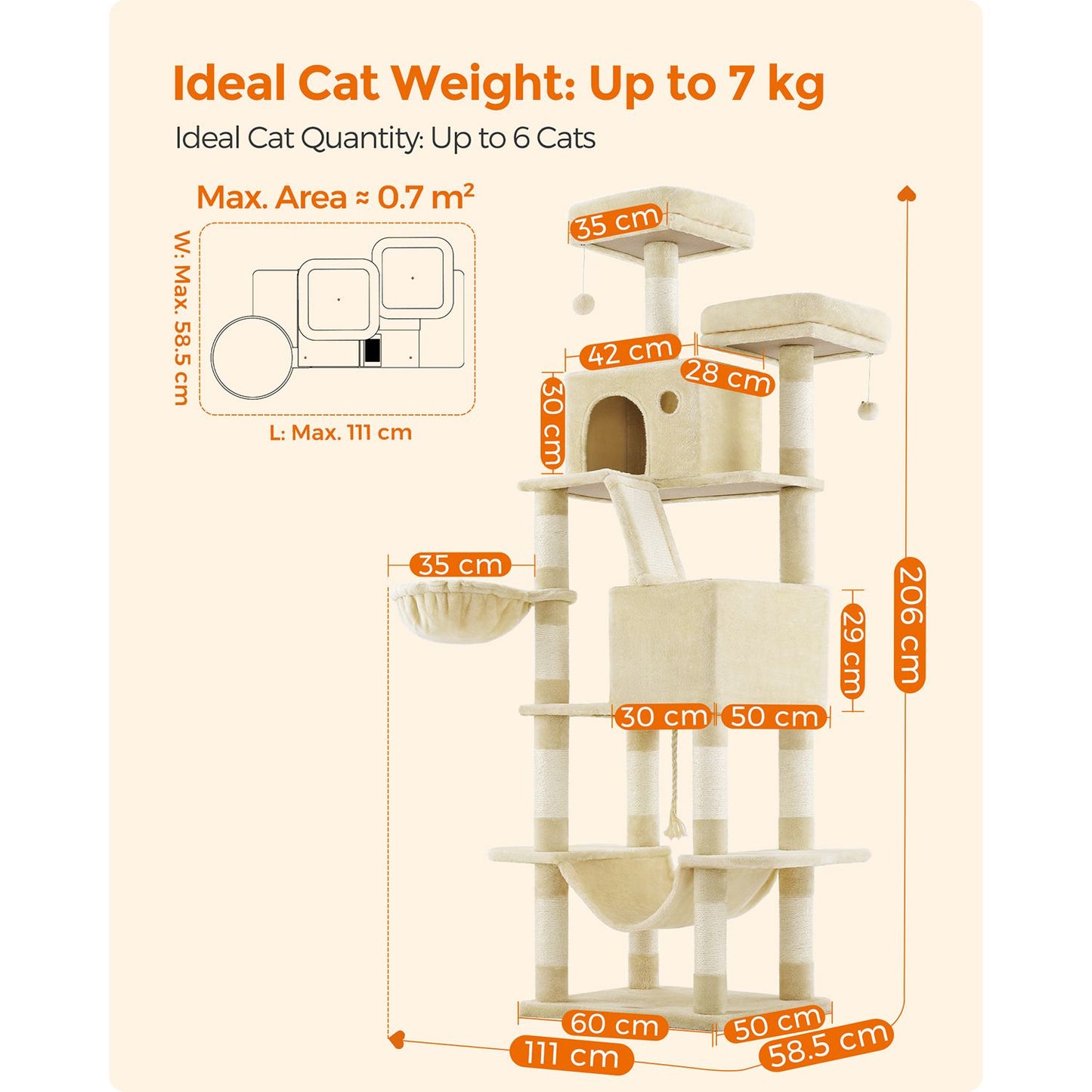 Arbol Rascador para Gatos, XXL, Rascador Gato, Arbol para Gatos, 206 cm de Altura con 13 Poste, 2 Plataformas, Beige, Feandrea, 5