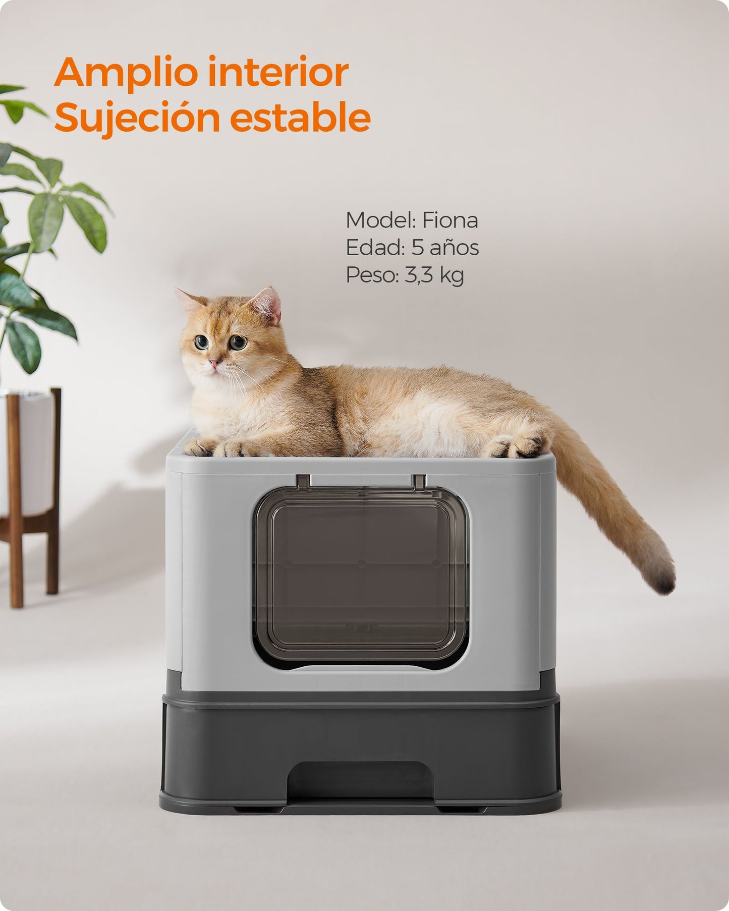 Arenero para Gatos, Caja de Arena, Arenero Gato, con Bandeja Extraíble, Pala, Cepillo, Carga de 15 kg, Gris, Feandrea, 7