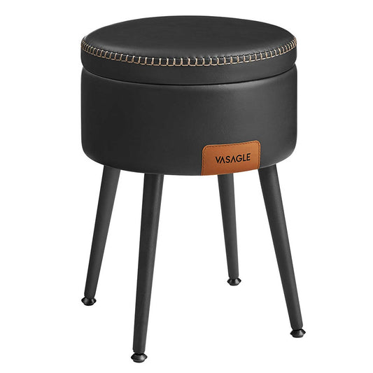 Puff almacenaje, Taburete Tocador, Puff Salon, Piel Sintética con Costura, con Patas de Acero, Carga 150 kg, Negro, VASAGLE, 1