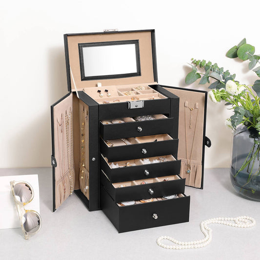 Joyero Grande, Caja Joyero de 6 Niveles, Caja para Joyas con 5 Cajones, Gran Espacio, Interior con Espejo, Negro, SONGMICS, 1