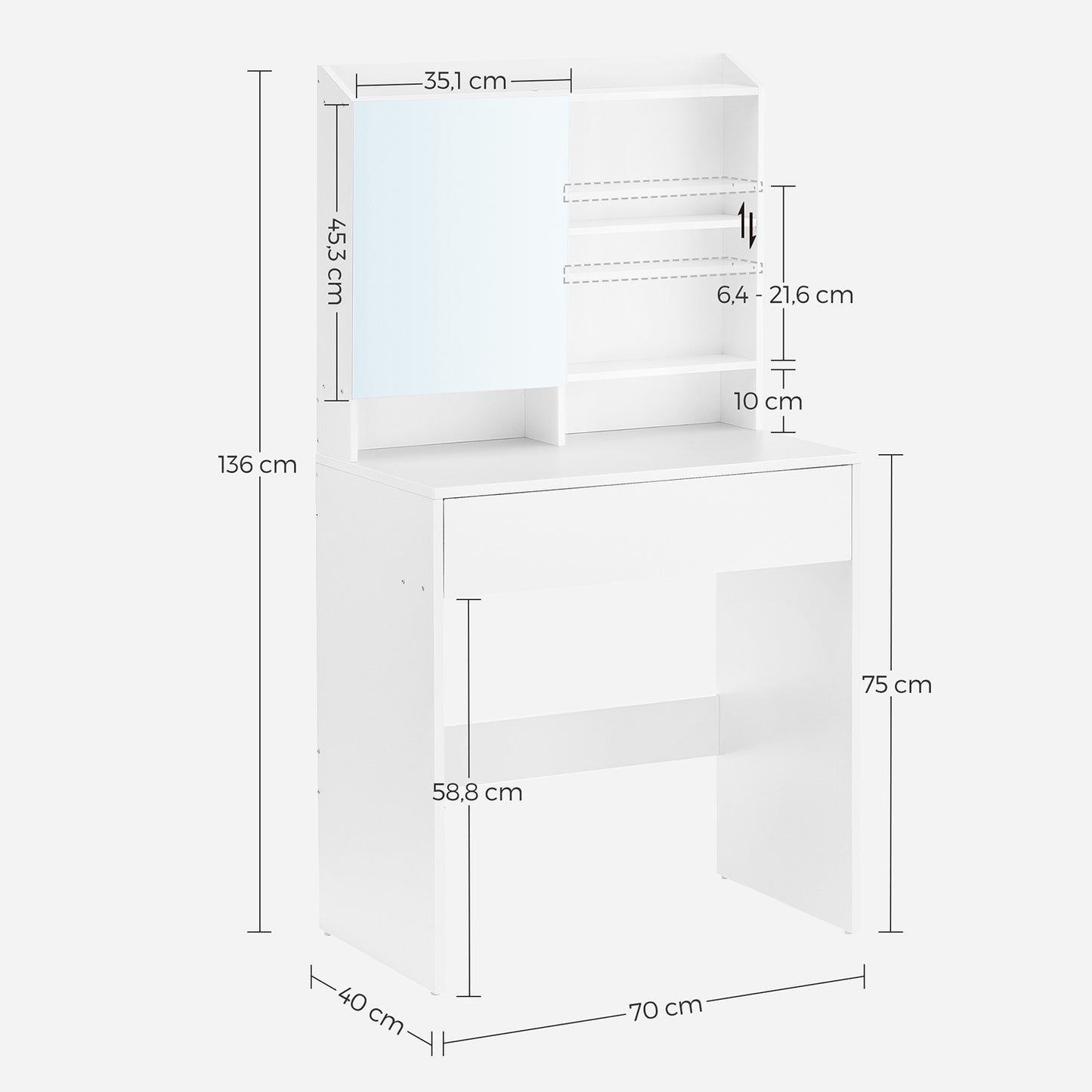 Tocador Maquillaje, Tocador con espejo, Mesa tocador, con Armario y cajón con Espejo, Estantes Ajustables, Estilo Moderno, Blanco, VASAGLE, 8