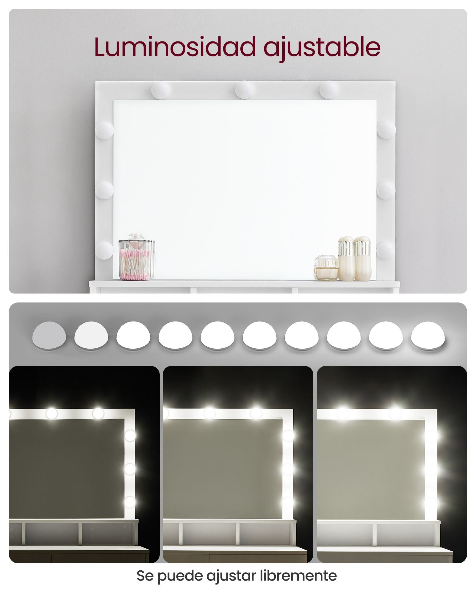 Tocador Maquillaje con luz, Luces LED con Brillo Ajustable, Tocador con Espejo, 2 Cajones y 3 Compartimentos, Blanco, VASAGLE, 4