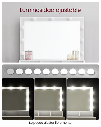 Tocador Maquillaje con luz, Luces LED con Brillo Ajustable, Tocador con Espejo, 2 Cajones y 3 Compartimentos, Blanco, VASAGLE, 4