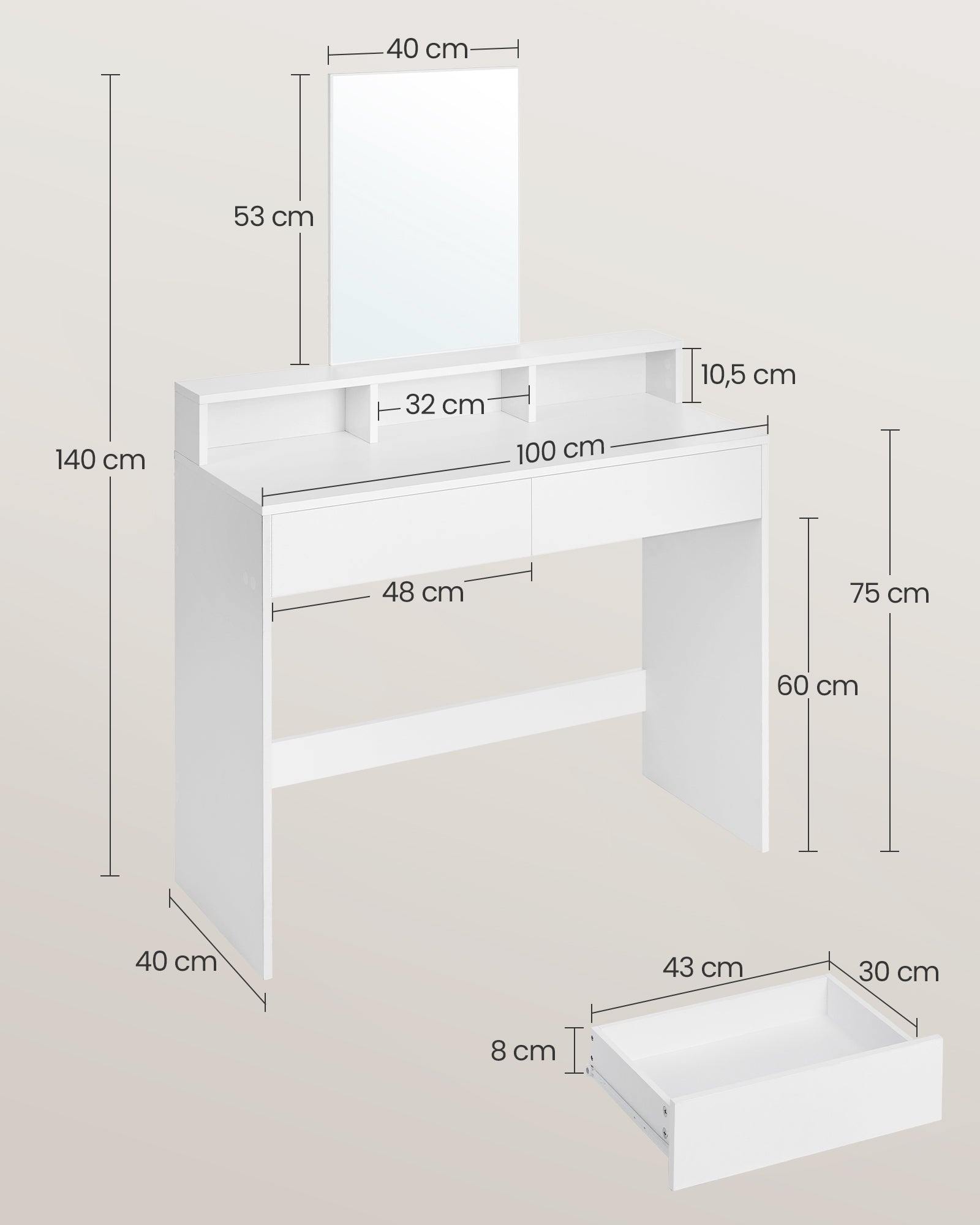 Tocador Maquillaje, Tocador con Espejo, Mesa Tocador, con Espejo Grande, 2 Cajones, 3 Compartimentos, Blanco, VASAGLE, 7