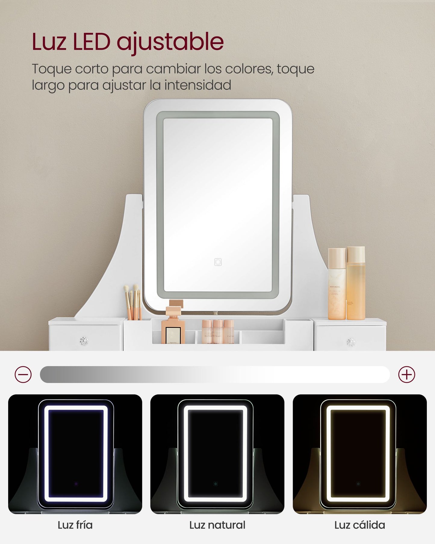 Tocador Maquillaje con luz, Luces LED, Tocador con Espejo, con Taburete Acolchado, Giratorio 360°, Blanco, VASAGLE, 4