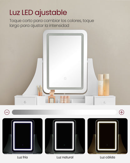 Tocador Maquillaje con luz, Luces LED, Tocador con Espejo, con Taburete Acolchado, Giratorio 360°, Blanco, VASAGLE, 4