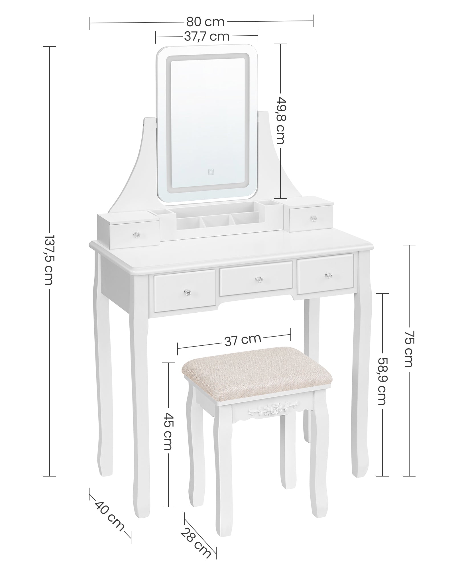 Tocador Maquillaje con luz, Luces LED, Tocador con Espejo, con Taburete Acolchado, Giratorio 360°, Blanco, VASAGLE, 7