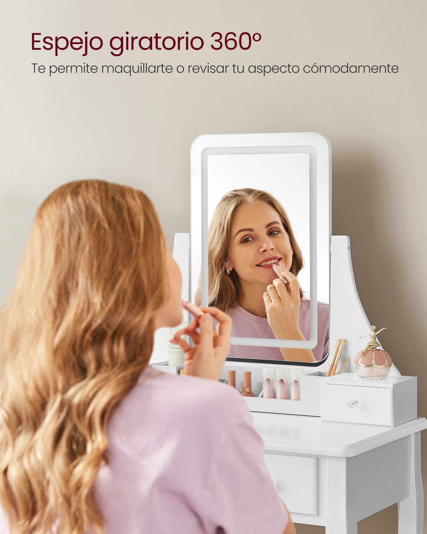 Tocador Maquillaje con luz, Luces LED, Tocador con Espejo, con Taburete Acolchado, Giratorio 360°, Blanco, VASAGLE, 8