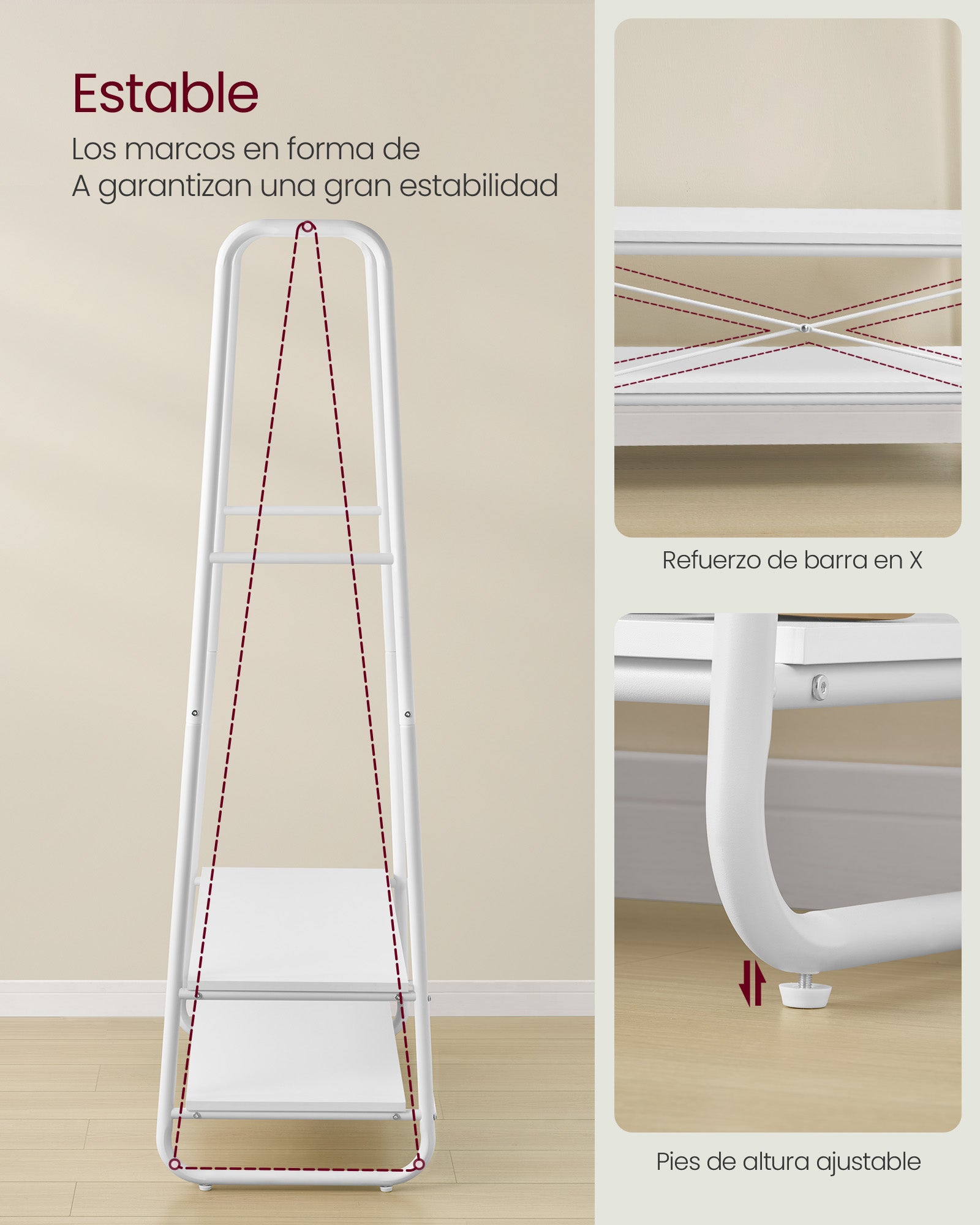 Burro Ropa, Burro Ropa Resistente, Soporta Hasta 190 kg, con 2 Estantes y 6 Ganchos, Blanco Nube y Blanco Mate, VASAGLE, 5