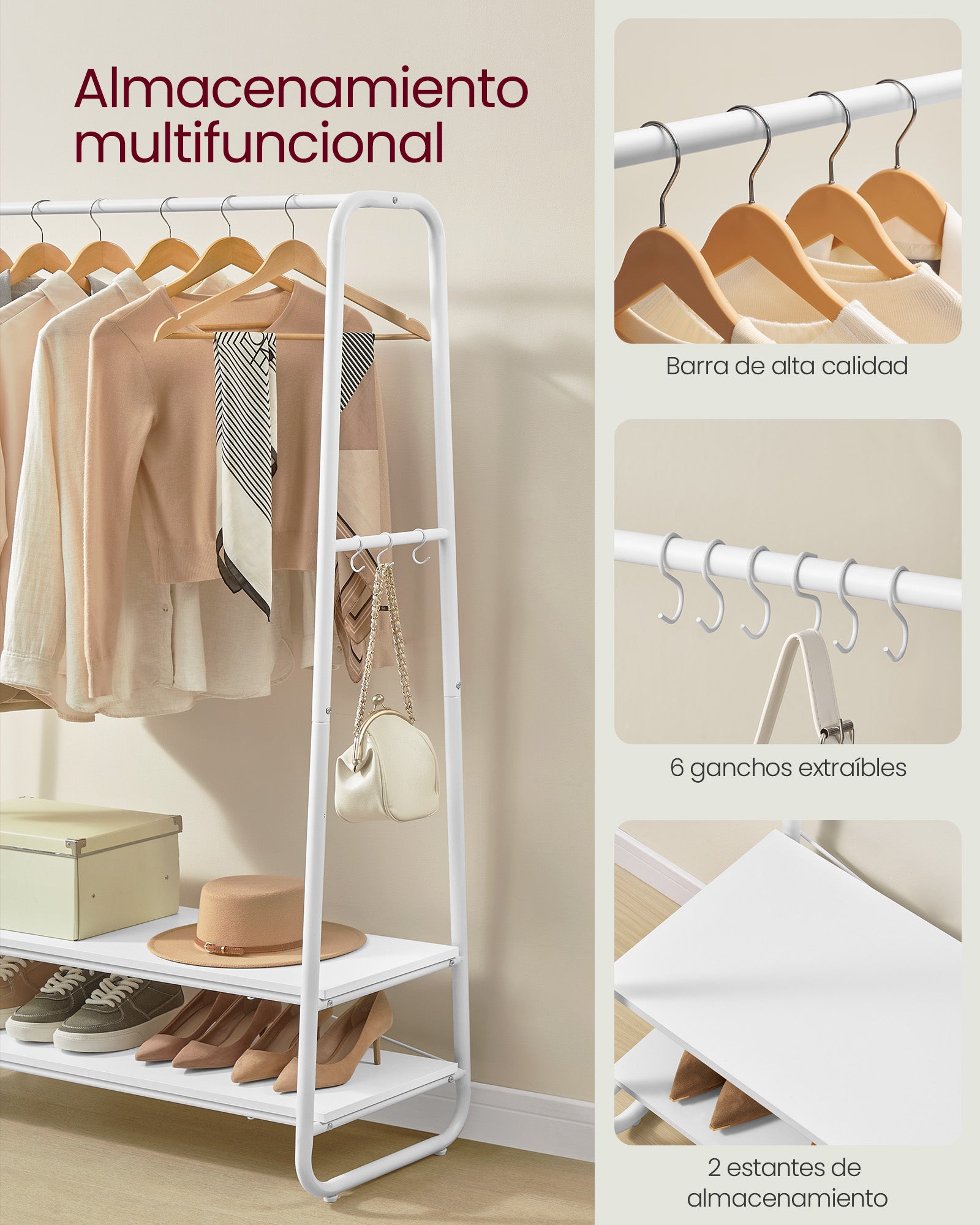 Burro Ropa, Burro Ropa Resistente, Soporta Hasta 190 kg, con 2 Estantes y 6 Ganchos, Blanco Nube y Blanco Mate, VASAGLE, 6