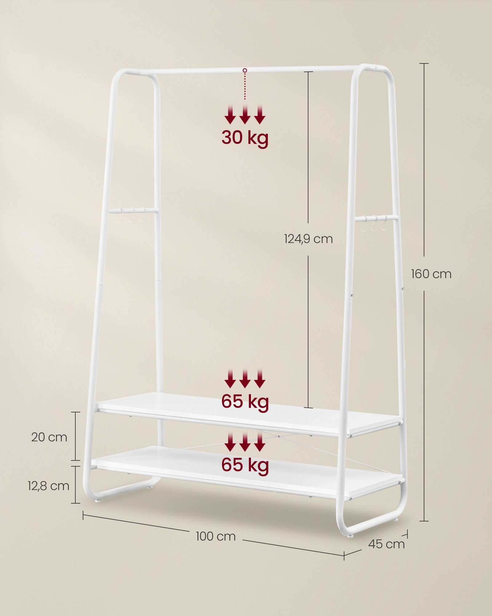 Burro Ropa, Burro Ropa Resistente, Soporta Hasta 190 kg, con 2 Estantes y 6 Ganchos, Blanco Nube y Blanco Mate, VASAGLE, 7