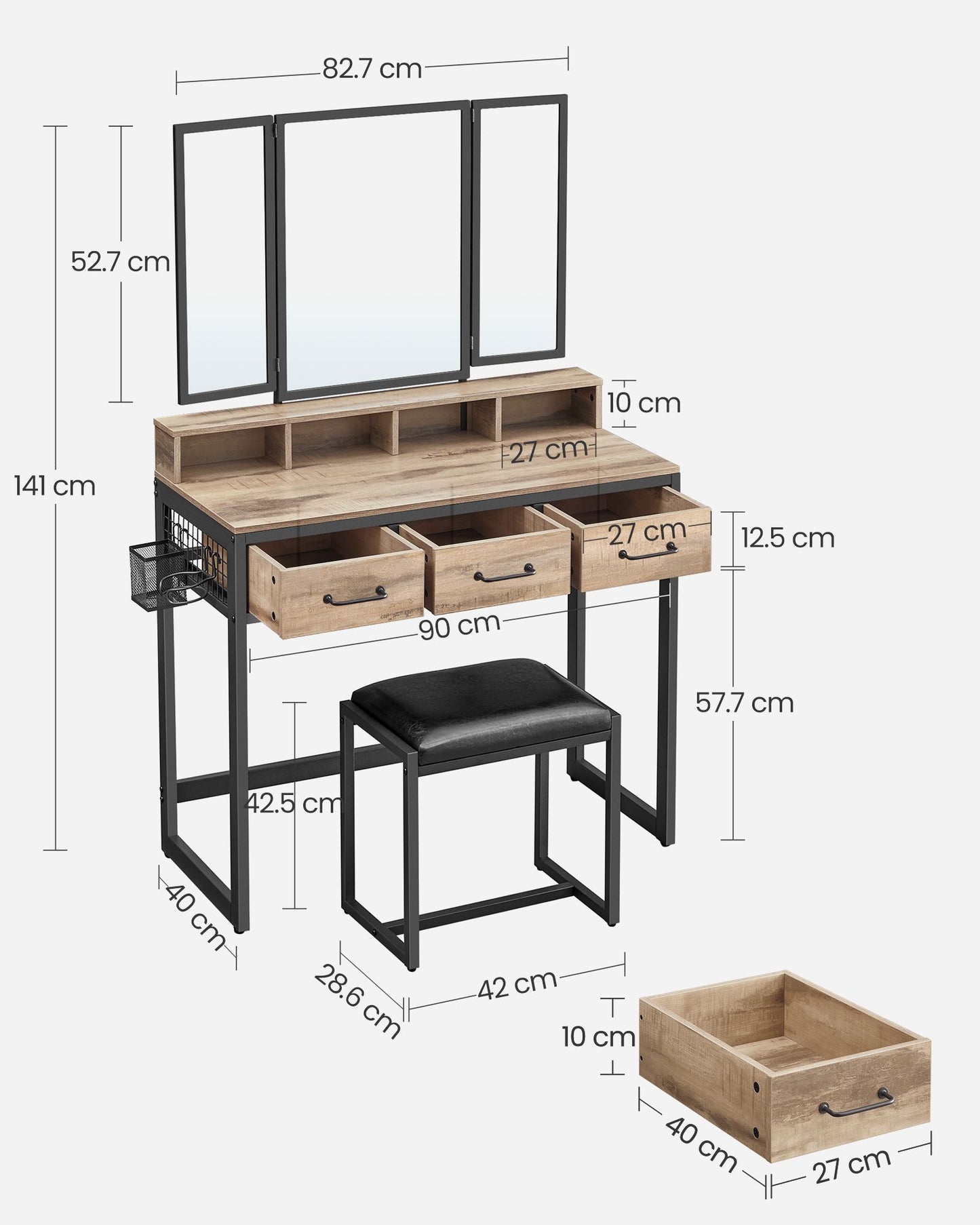 Tocador maquillaje, Tocador con Espejo, con y Taburete, Mesa Tocador, 3 Cajones, Soporte para Secador, Marrón Negro, VASAGLE, 7