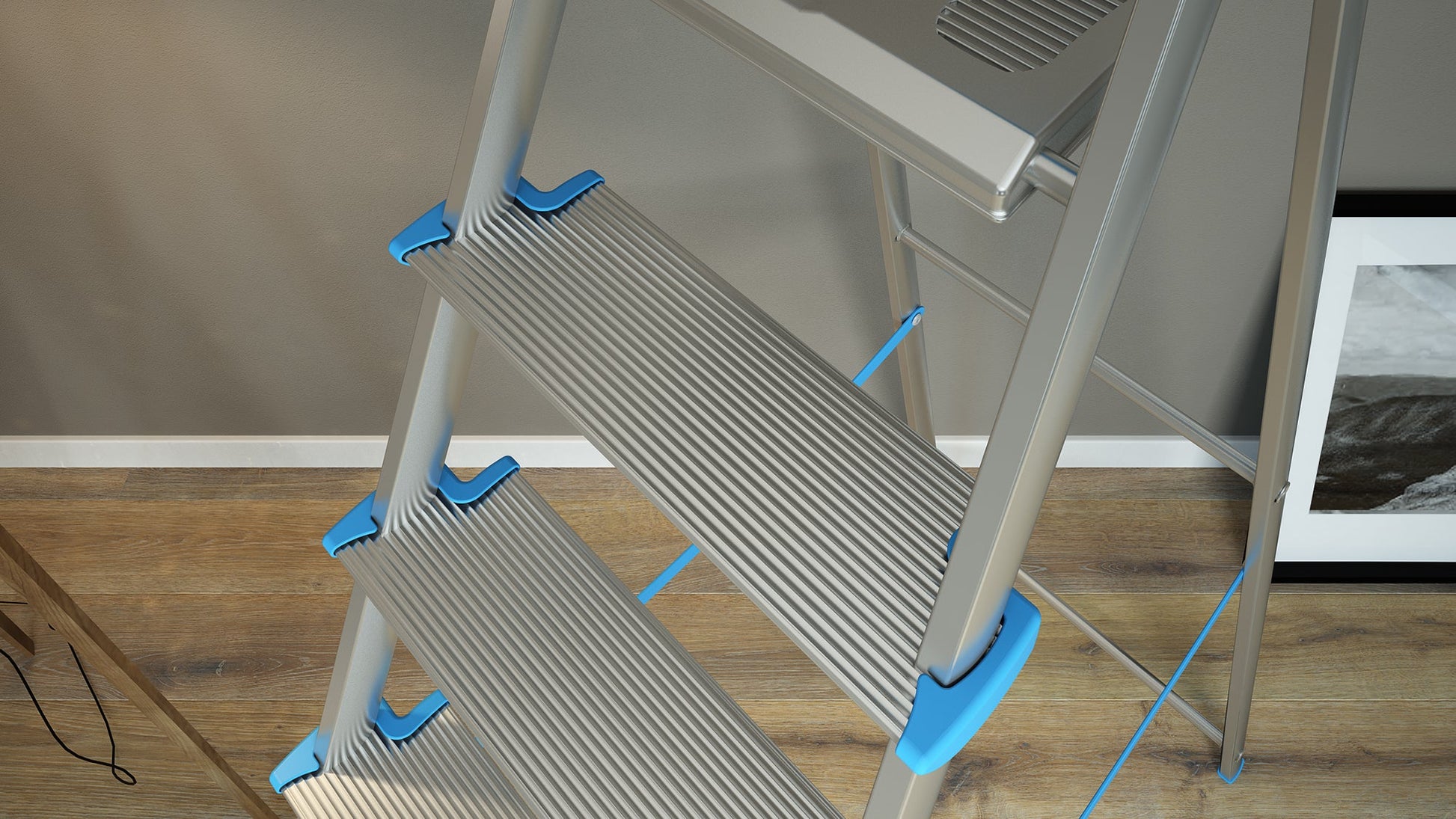  Escaleras de aluminio, 5 peldaños, plegable, peldaño extra grande 12cm, con bandeja de almacenamiento, carga 150 kg, Colombo ATLANTICA , 3