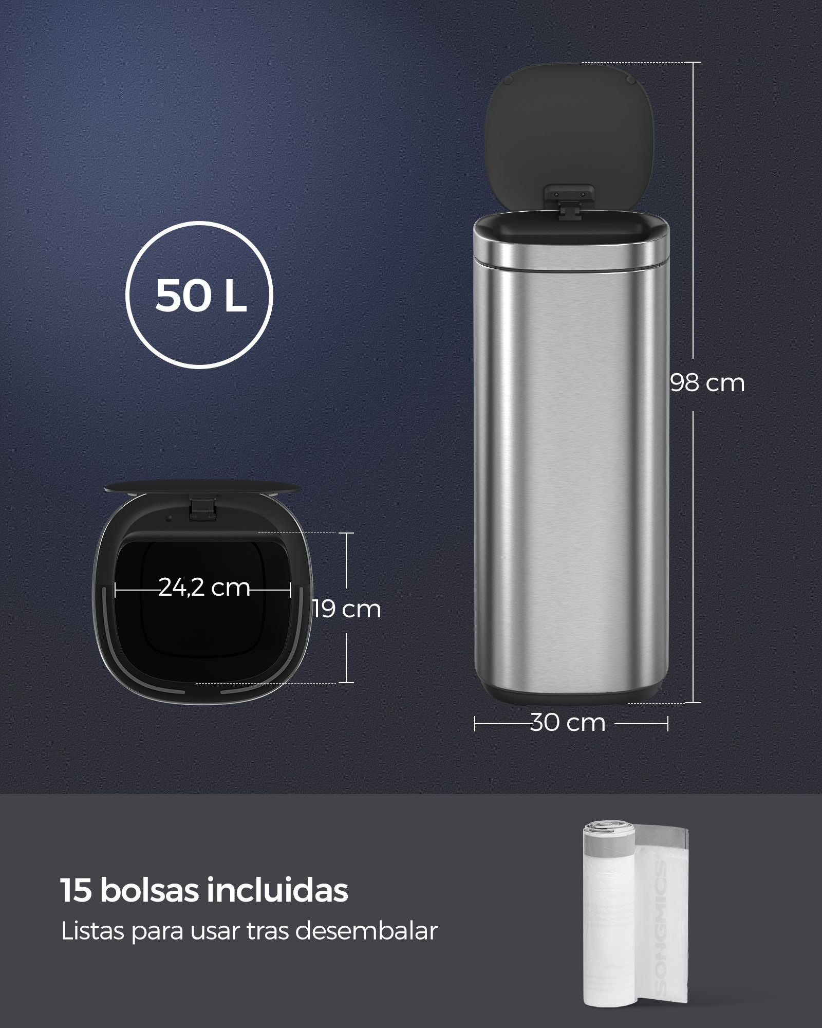 Cubo de basura, 50 L, con sensor de movimiento, automático, Cubo basura cocina, eliminación de olores con ozono, SONGMICS, 2