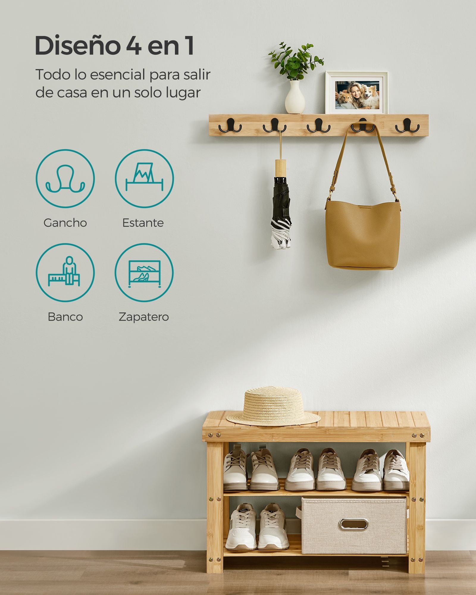 SONGMICS - Juego de Perchero y Zapatero, Muebles de Entrada, 5 Ganchos Dobles de Metal, Zapatero de Bambú de 3 Niveles, Beige Natural, 4