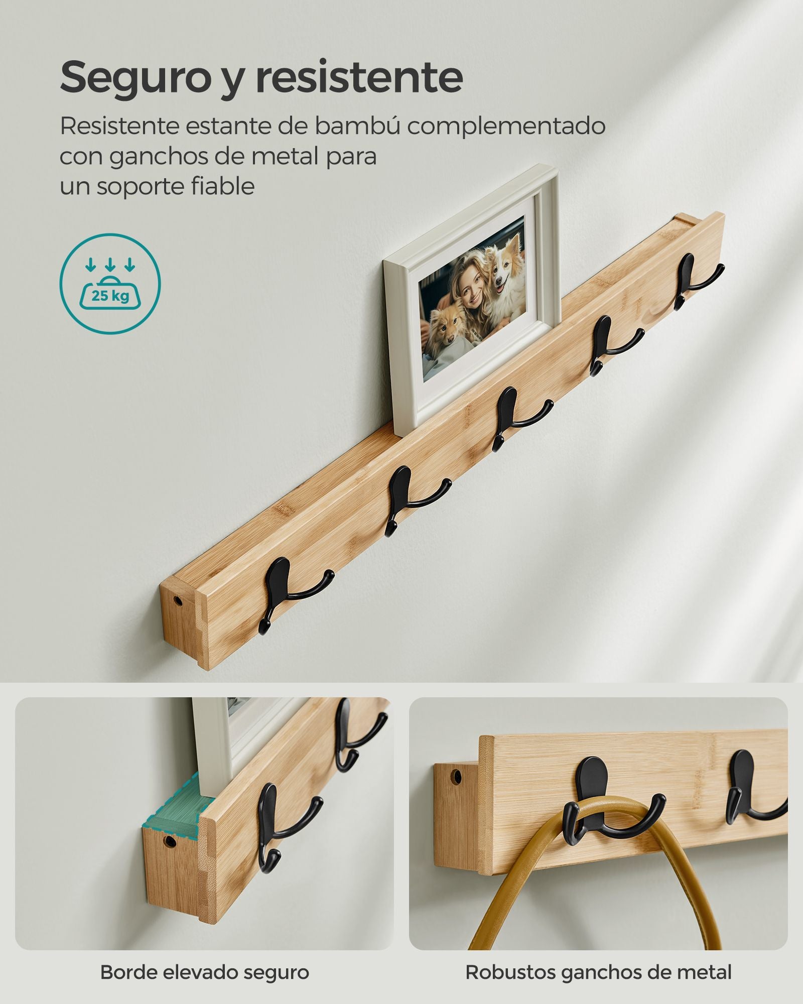 SONGMICS - Juego de Perchero y Zapatero, Muebles de Entrada, 5 Ganchos Dobles de Metal, Zapatero de Bambú de 3 Niveles, Beige Natural, 5
