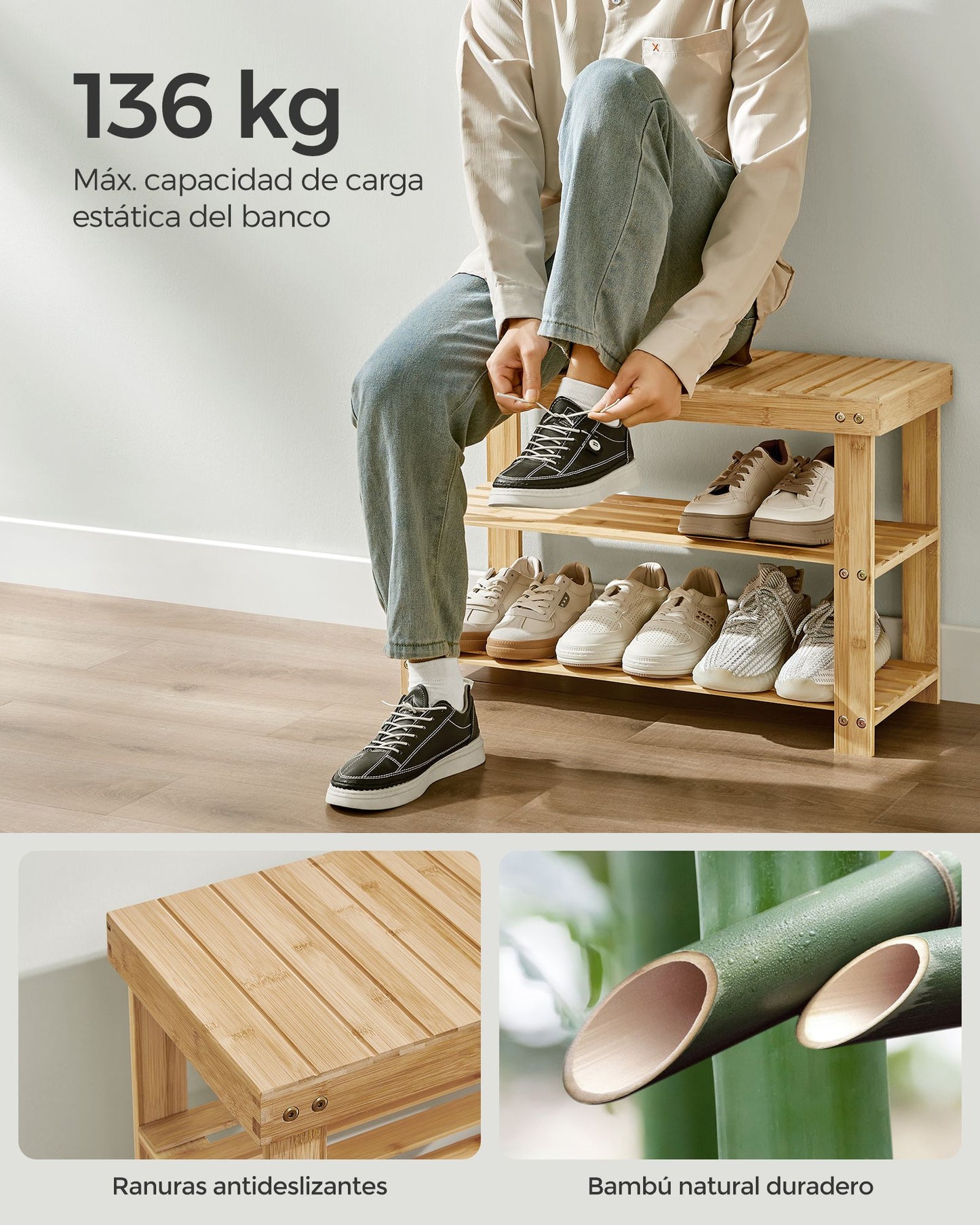 SONGMICS - Juego de Perchero y Zapatero, Muebles de Entrada, 5 Ganchos Dobles de Metal, Zapatero de Bambú de 3 Niveles, Beige Natural, 6