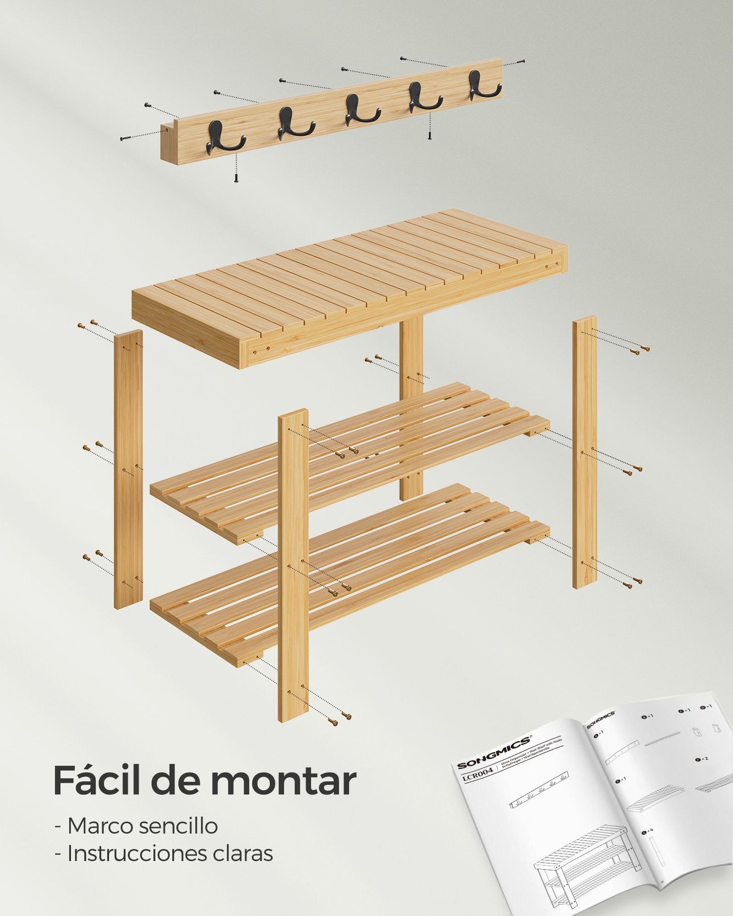 SONGMICS - Juego de Perchero y Zapatero, Muebles de Entrada, 5 Ganchos Dobles de Metal, Zapatero de Bambú de 3 Niveles, Beige Natural, 7