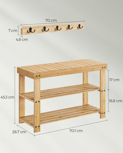 SONGMICS - Juego de Perchero y Zapatero, Muebles de Entrada, 5 Ganchos Dobles de Metal, Zapatero de Bambú de 3 Niveles, Beige Natural, 8