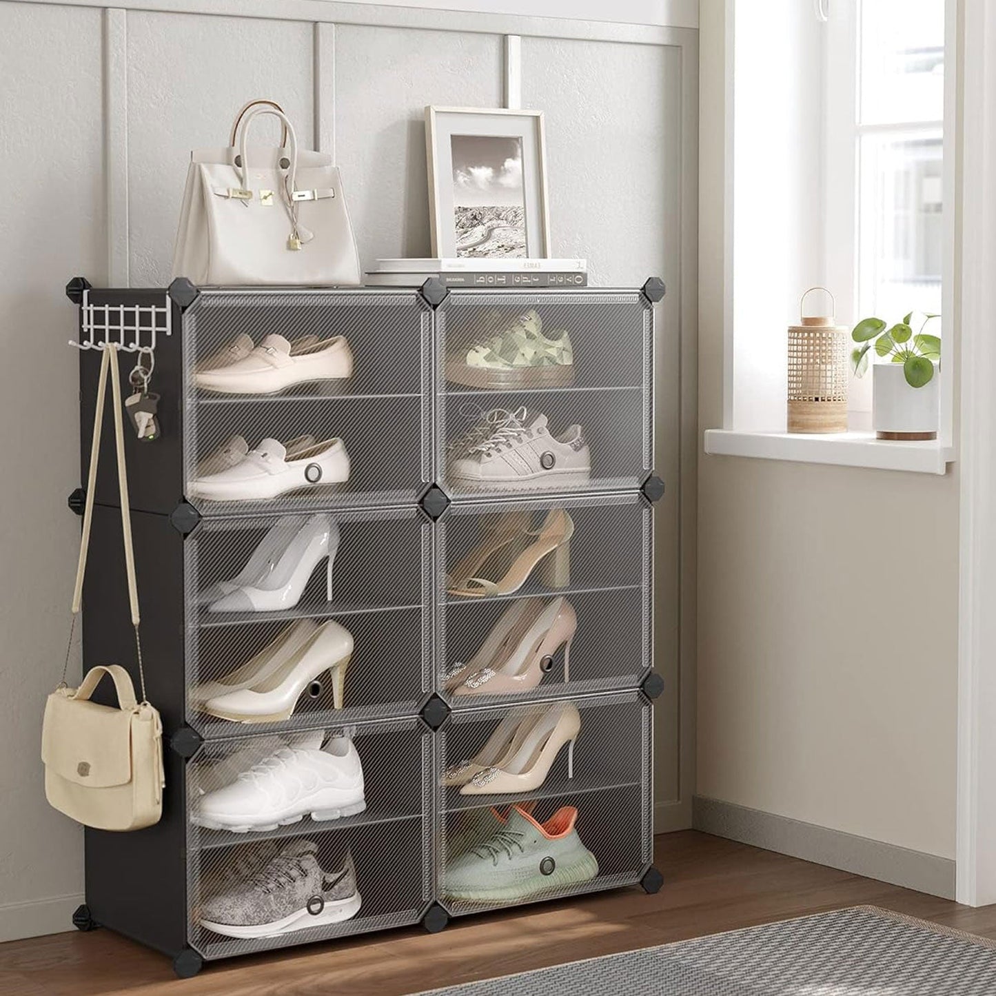 Mueble Zapatero, Plástico, Zapatero Recibidor, 6 Compartimentos, Zapatero Alto, con Puerta, Marco Acero, Negro, SONGMICS, 1