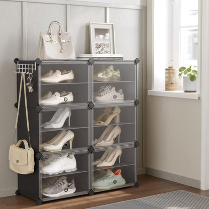 Mueble Zapatero, Plástico, Zapatero Recibidor, 6 Compartimentos, Zapatero Alto, con Puerta, Marco Acero, Negro, SONGMICS, 1