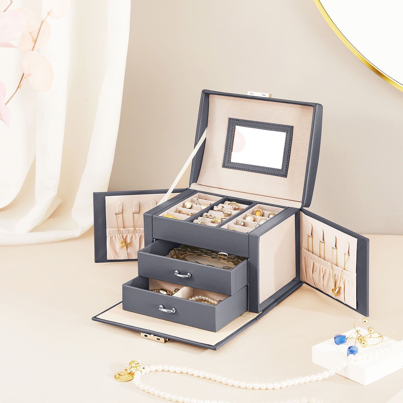 Joyero Grande, Caja Joyero de 3 Niveles, Caja para Joyas con Asa, 2 Cajones, Espejo, Cerradura, Gris, SONGMICS, 1