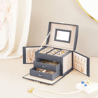 Joyero Grande, Caja Joyero de 3 Niveles, Caja para Joyas con Asa, 2 Cajones, Espejo, Cerradura, Gris, SONGMICS, 1