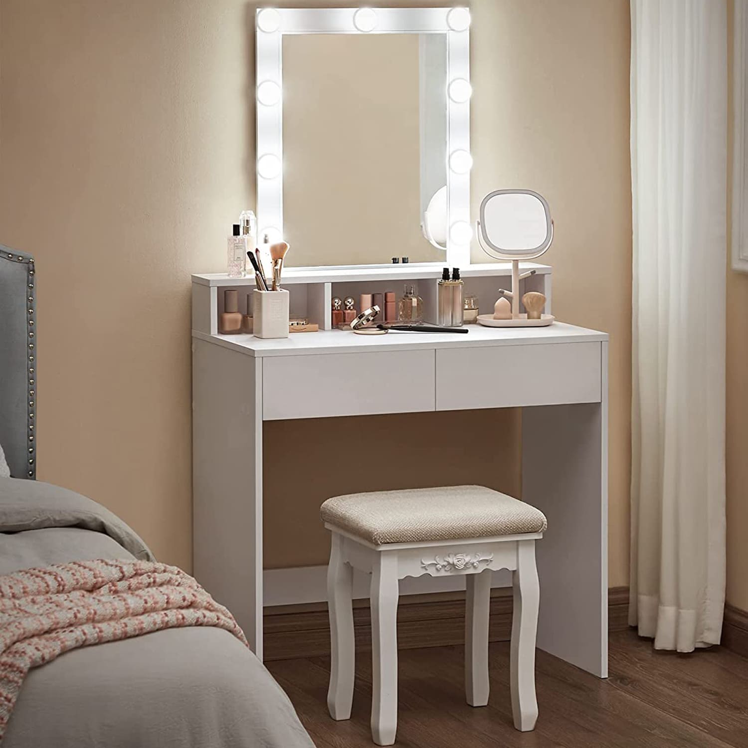 Tocador Maquillaje, Tocador con Espejo, Luces LED con Brillo Ajustable, 2 Cajones y 3 Compartimentos, Moderno, Blanco, VASAGLE, 1