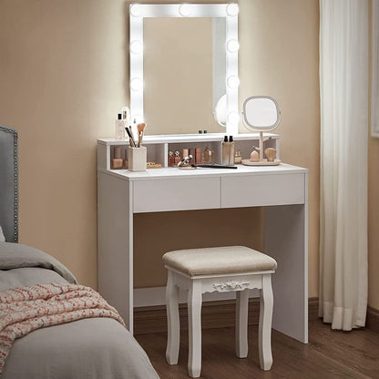 Tocador Maquillaje, Tocador con Espejo, Luces LED con Brillo Ajustable, 2 Cajones y 3 Compartimentos, Moderno, Blanco, VASAGLE, 1