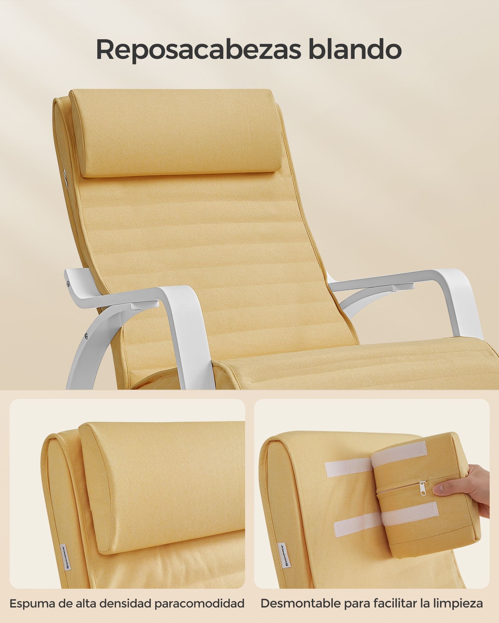 Silla Mecedora, Butaca mecedora, con Reposapiés Ajustable en 5 Posiciones, con Apoyabrazos, Amarillo Ganso y Blanco, SONGMICS, 2