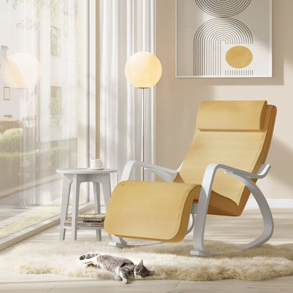 Silla Mecedora, Butaca mecedora, con Reposapiés Ajustable en 5 Posiciones, con Apoyabrazos, Amarillo Ganso y Blanco, SONGMICS