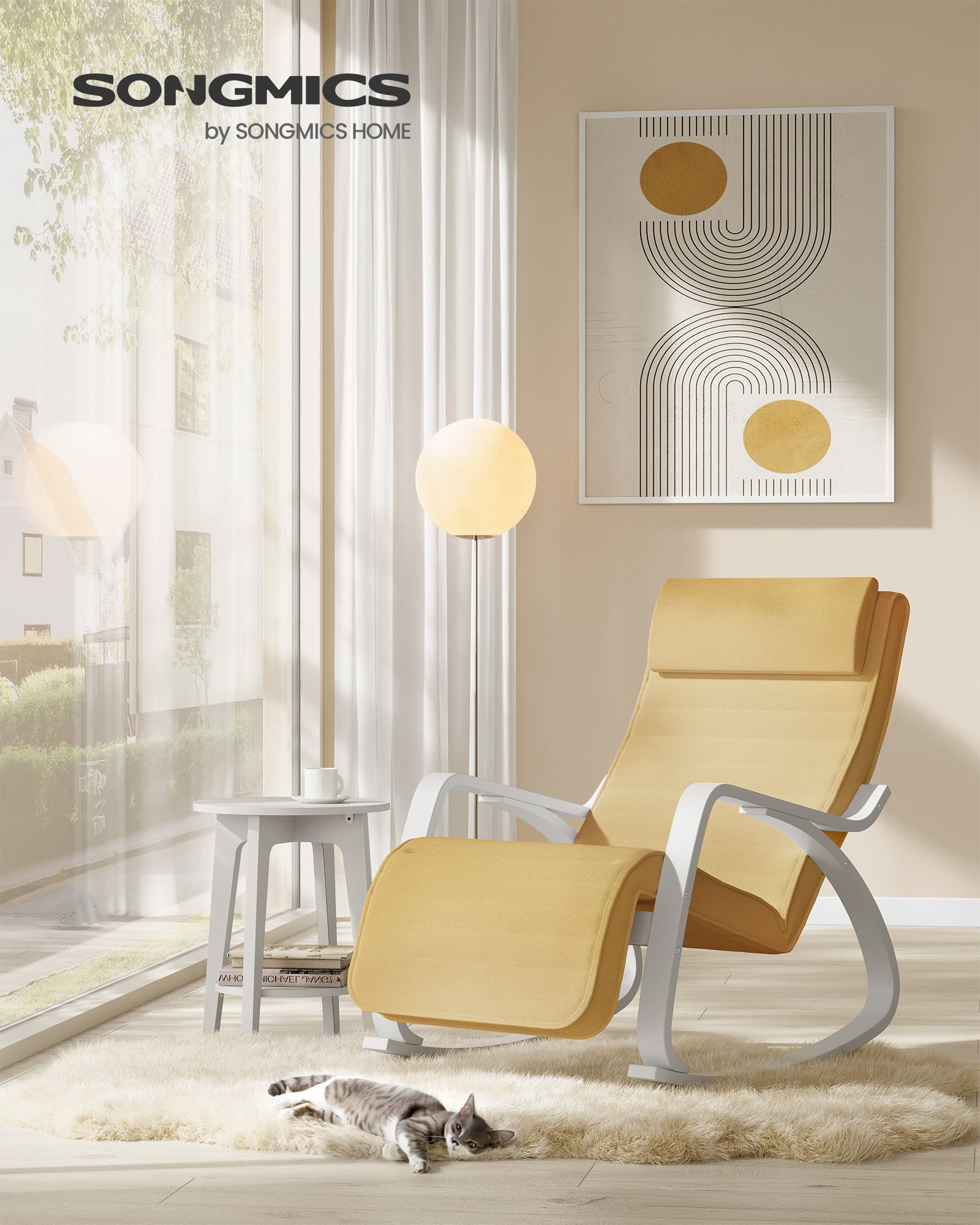 Silla Mecedora, Butaca mecedora, con Reposapiés Ajustable en 5 Posiciones, con Apoyabrazos, Amarillo Ganso y Blanco, SONGMICS, 6