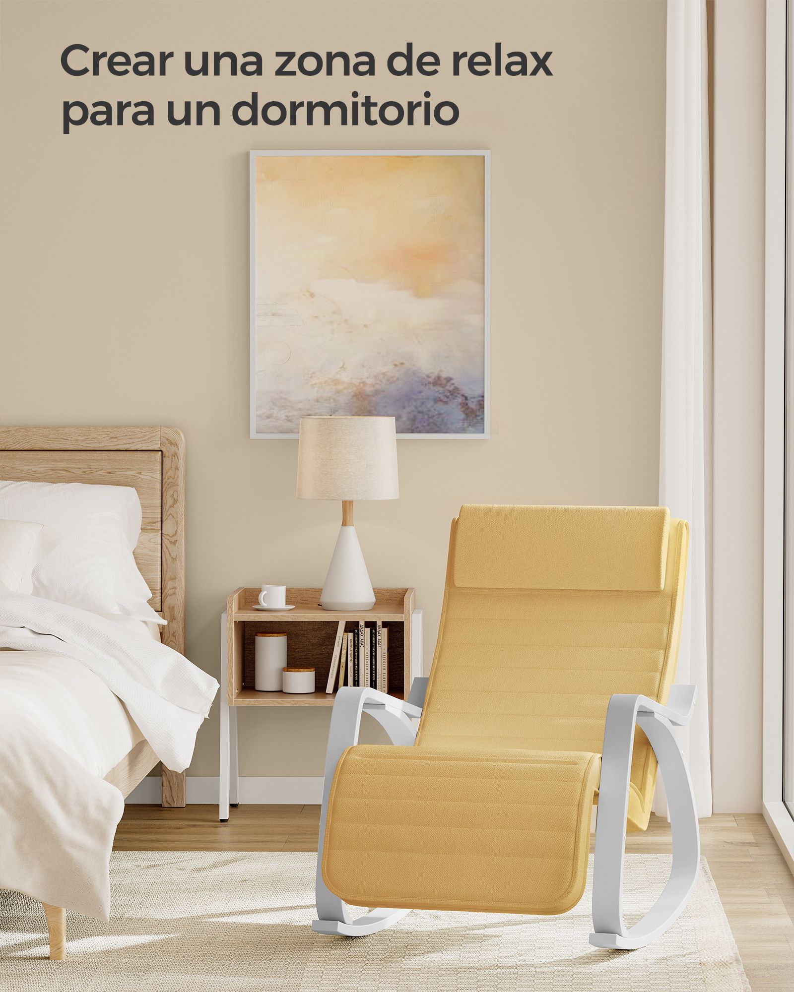 Silla Mecedora, Butaca mecedora, con Reposapiés Ajustable en 5 Posiciones, con Apoyabrazos, Amarillo Ganso y Blanco, SONGMICS, 3
