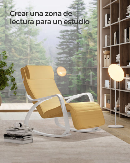 Silla Mecedora, Butaca mecedora, con Reposapiés Ajustable en 5 Posiciones, con Apoyabrazos, Amarillo Ganso y Blanco, SONGMICS, 4