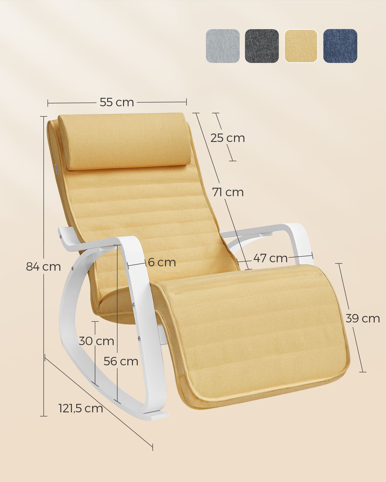 Silla Mecedora, Butaca mecedora, con Reposapiés Ajustable en 5 Posiciones, con Apoyabrazos, Amarillo Ganso y Blanco, SONGMICS, 5