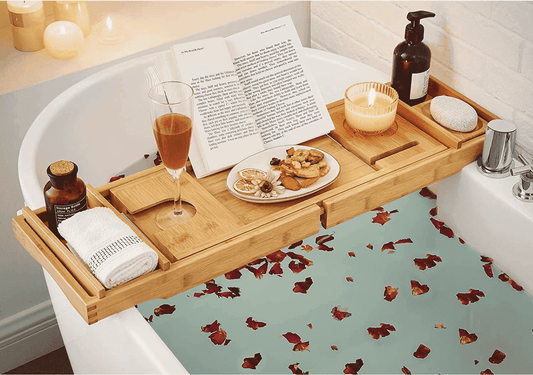 Songmics bandeja para bañera de bambú con portavasos, soporte para libros y portajabón