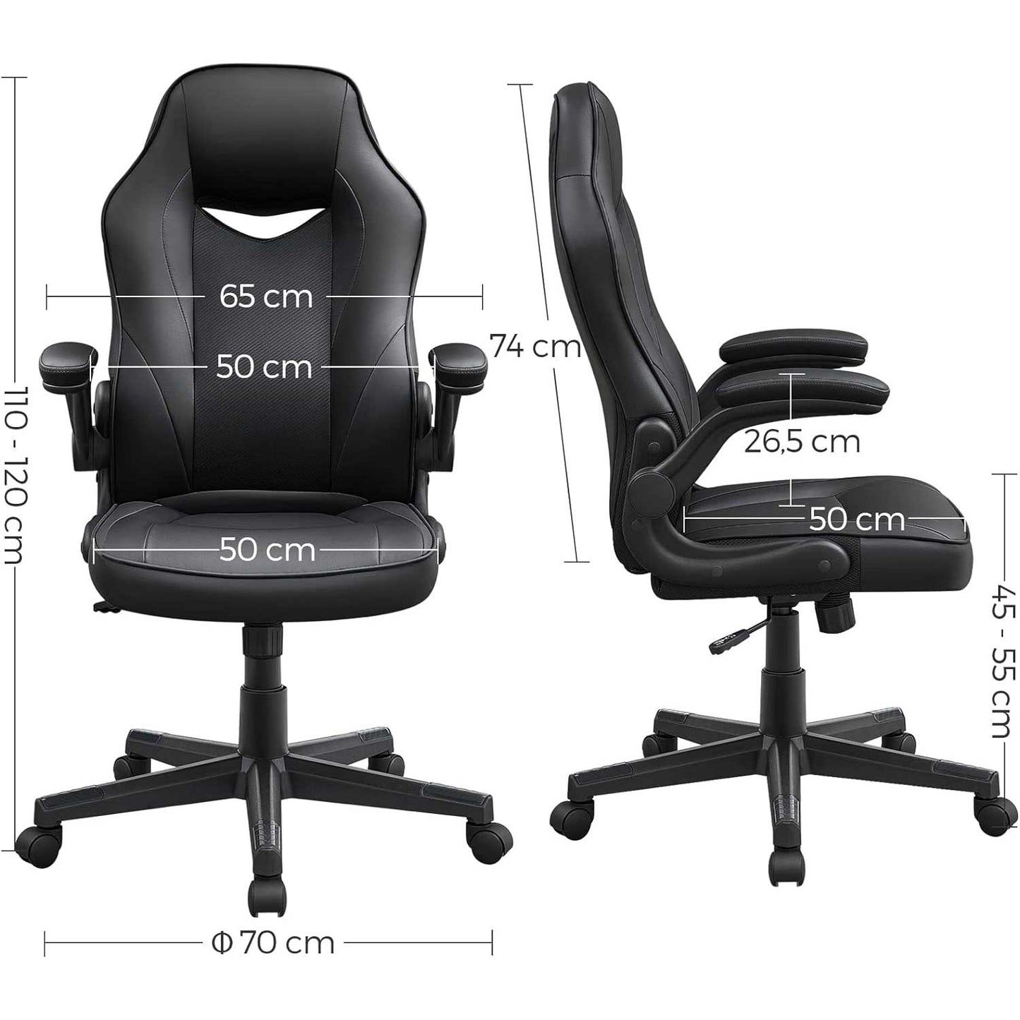 Silla de Oficina, Silla de oficina ergonomica, Silla de malla, con reposabrazos Plegables, Carga de 150 kg, Negro, SONGMICS, 5